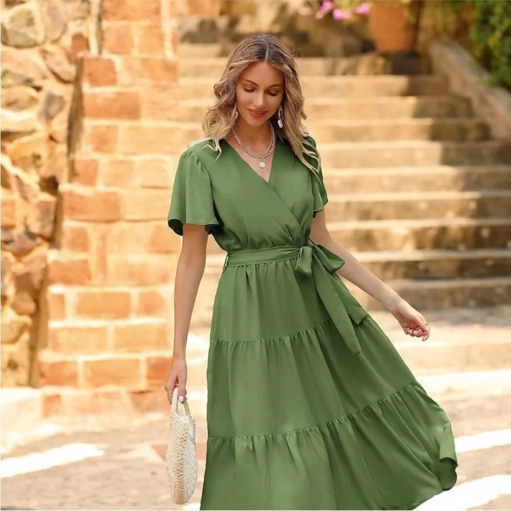 PrettyGarden Olive Maxi Dress with Tie Waist - Picture 3 of 11